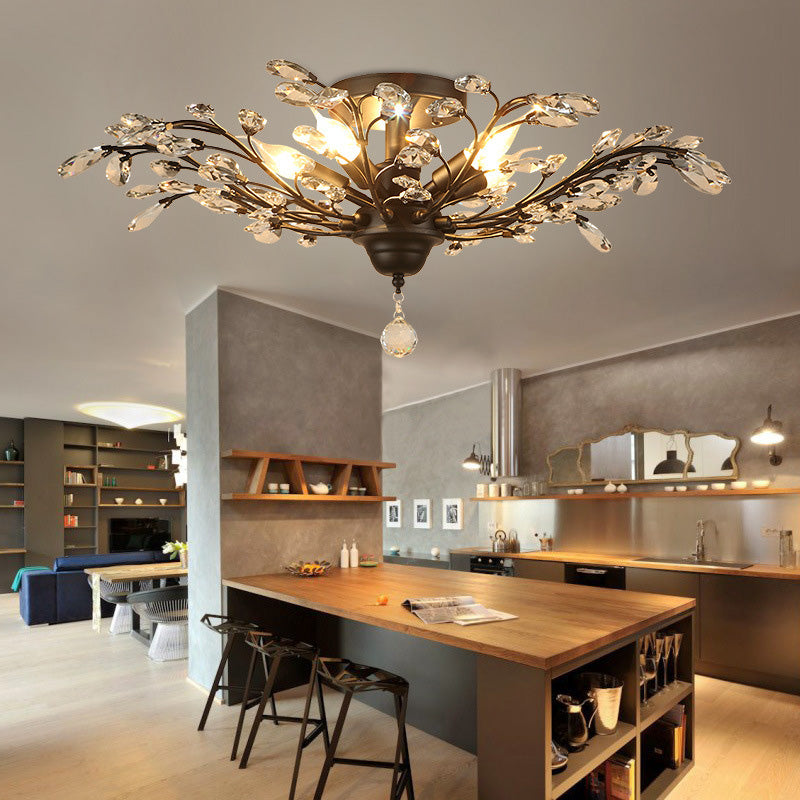 European Branch Iron Crystal Semi-Flush Ceiling Light