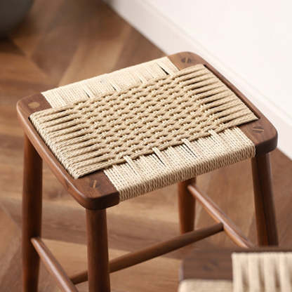 Japanese Rope Woven Wooden Bar Stool — Cherry Wood Color Frame + Original Color Paper Rope