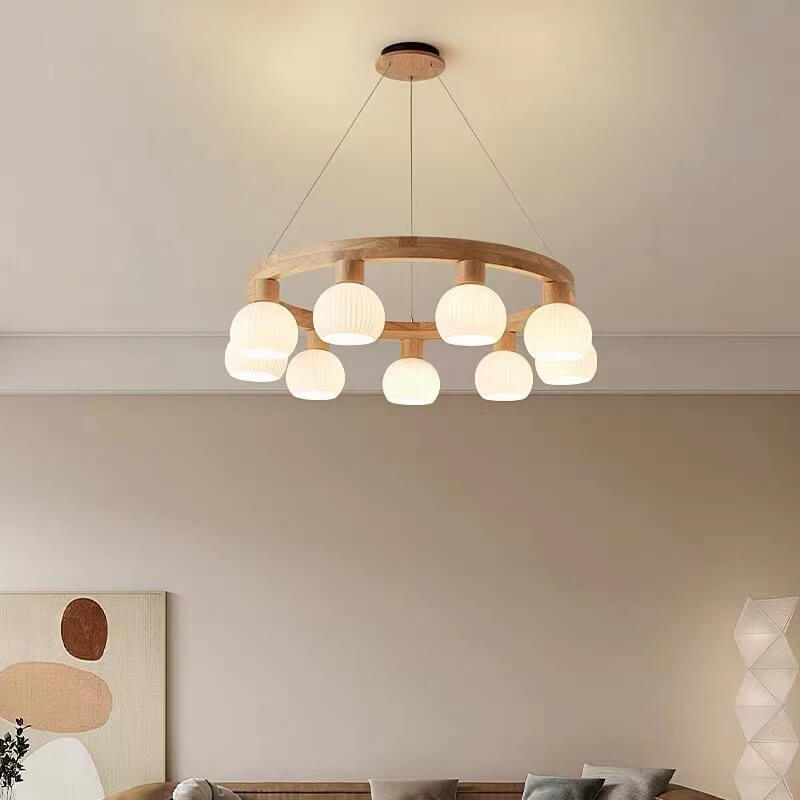 Modern Japanese Log Ring Textured Glass Globe Chandelier