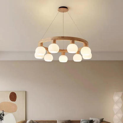 Modern Japanese Log Ring Textured Glass Globe Chandelier
