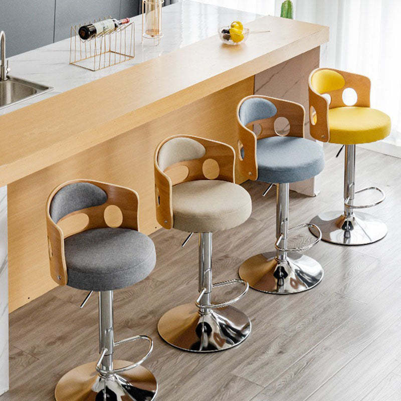 Scandinavian Leather Fabric Wood Round Bar Stool — Gray - Fabric