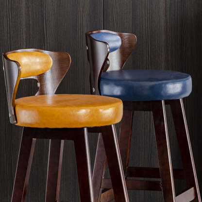 Modern PU Leather Wood Low-Back Bar Stool — Dark Blue PU Leather Cushion + Brown Frame