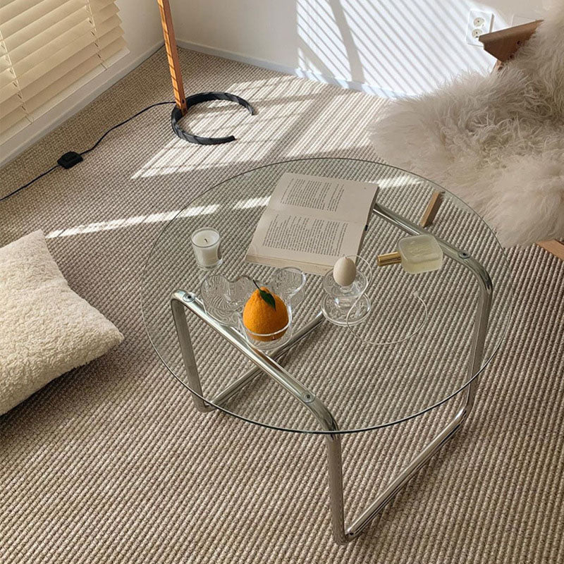 Minimalist Round Glass Steel Coffee Table — Gray