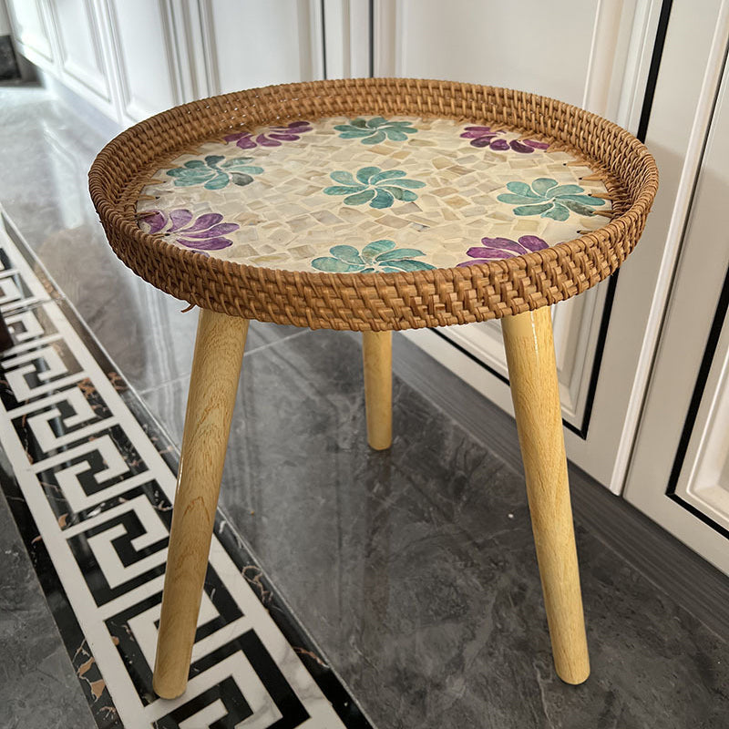 Rustic Handmade Shell Wood Rattan Side Table
