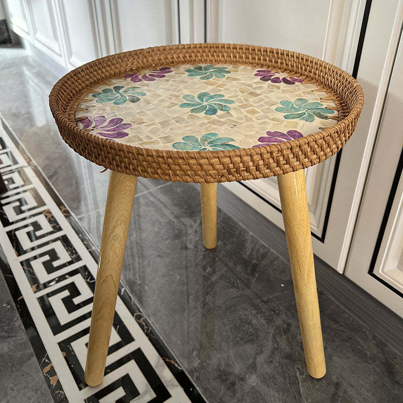Rustic Handmade Shell Wood Rattan Side Table
