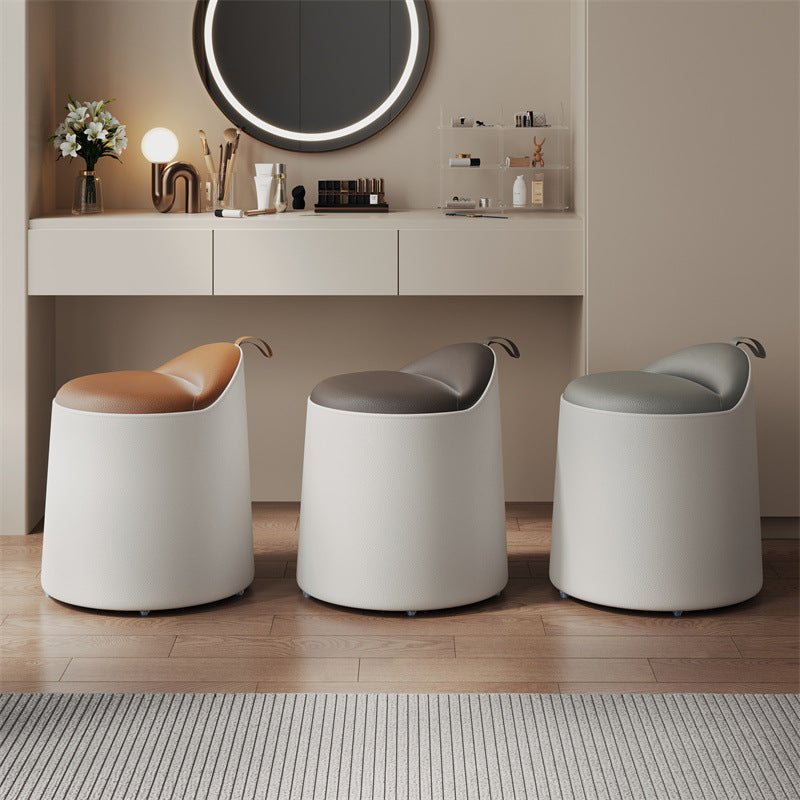 Modern Leather Wood Cylinder Vanity Stool — No Swivel / Beige