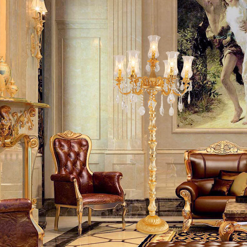 European Golden Crystal Zinc Alloy Candle 7-Light Floor Lamp