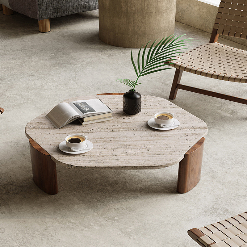 Nordic Hexagon Travertine Wood Coffee Table