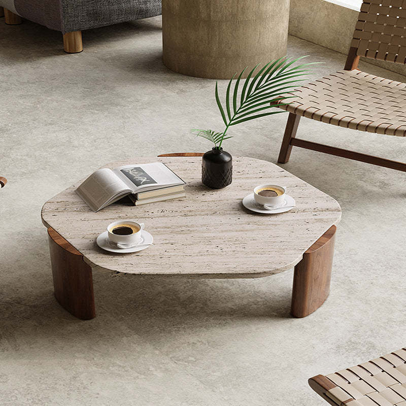 Nordic Hexagon Travertine Wood Coffee Table