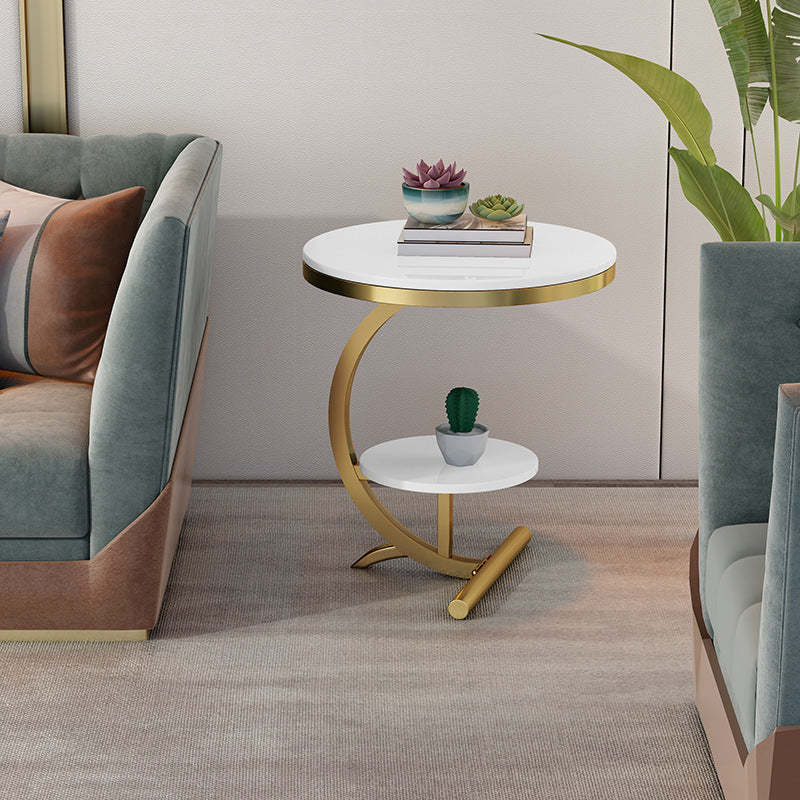 Minimalist Round Marble Metal 2-Tier Side Table — Black Tabletop + Gold Frame