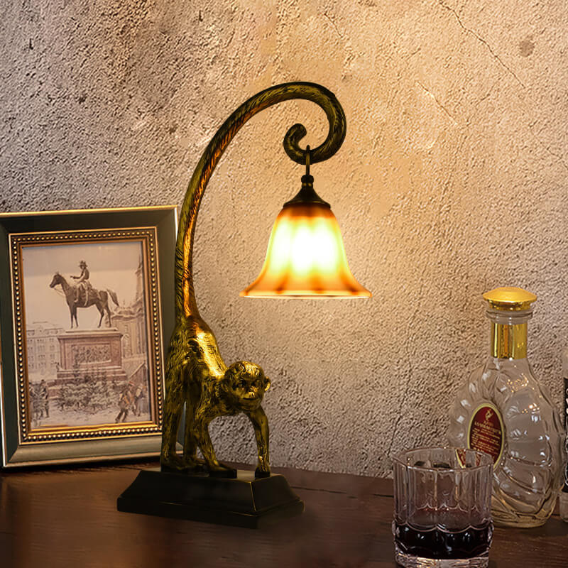Vintage Resin Monkey Glass Cone Table Lamp