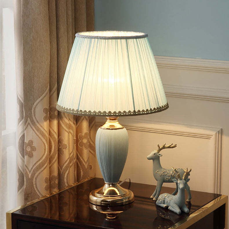 European Pleated Fabric Ceramic Column Lamp