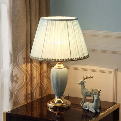 European Pleated Fabric Ceramic Column Lamp