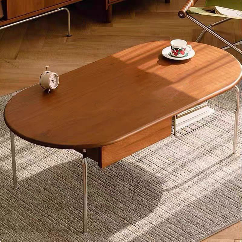 Minimalist Oval Glass Wood Coffee Table — Black