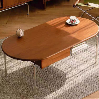 Minimalist Oval Glass Wood Coffee Table — Black