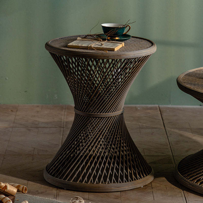 Japanese Round Rattan End Table — B / Wood