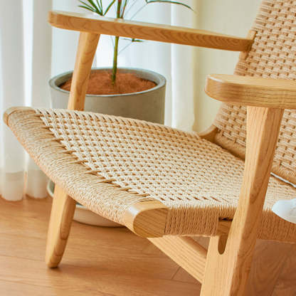 Scandinavian Rectangular Wood Rattan Armrest Chair