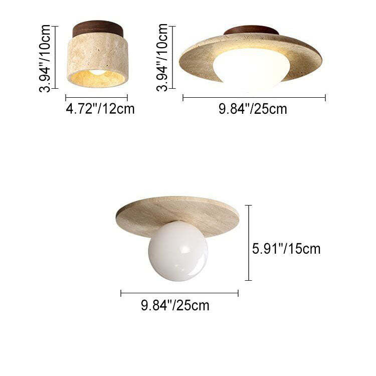 Japanese Round Yellow Travertine Semi-Flush Ceiling Light