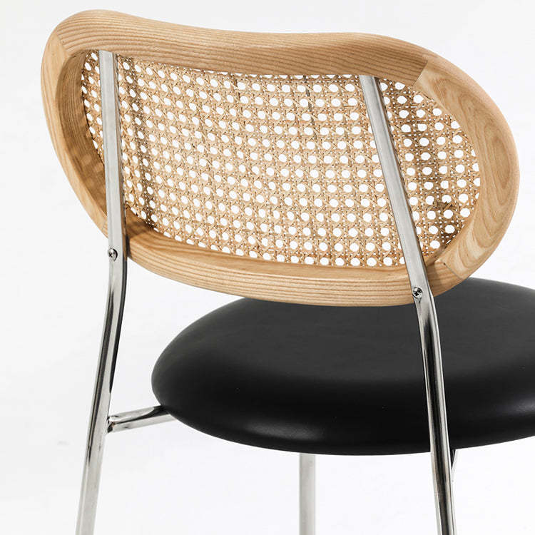 Nordic Leather Wood Rattan Armchair — Original Wood Color Backrest + Black Seat + Silver Frame
