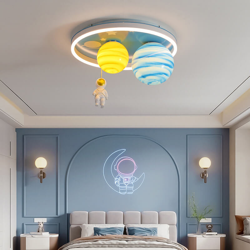 Astronaut Planet Round Kids Flush Mount Light