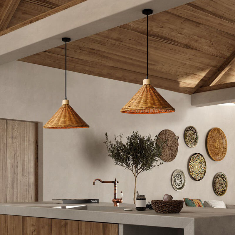 Vintage Wabi-Sabi Rattan Cone Pendant Light