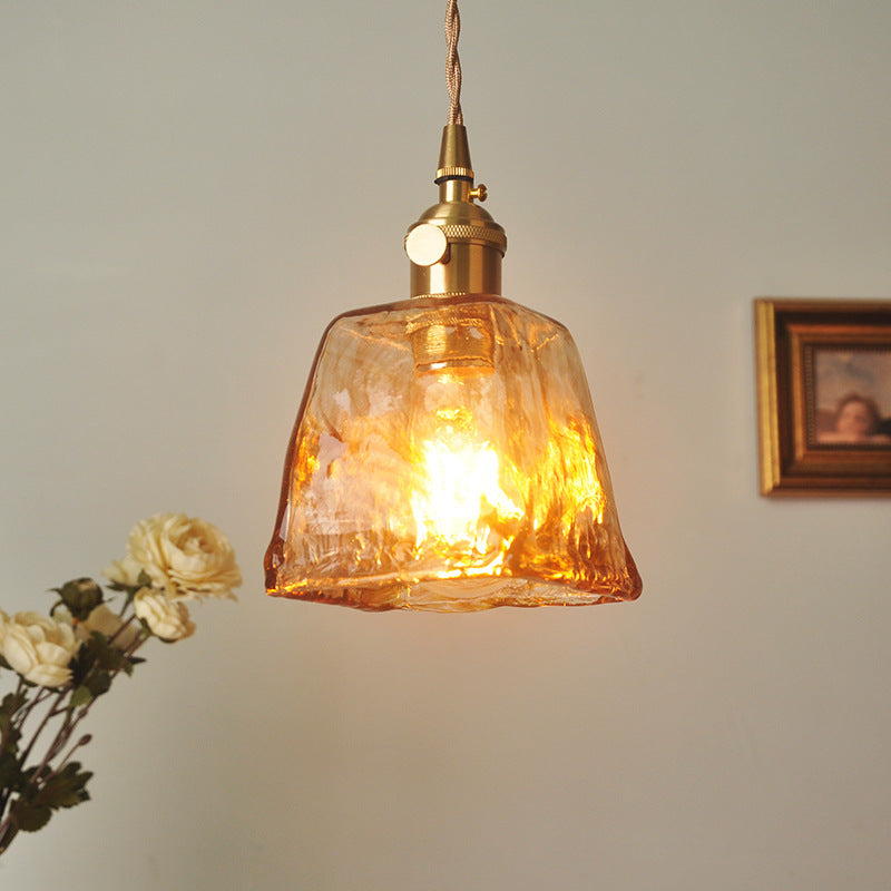 Retro Brass Geometric Amber Glass Pendant Light