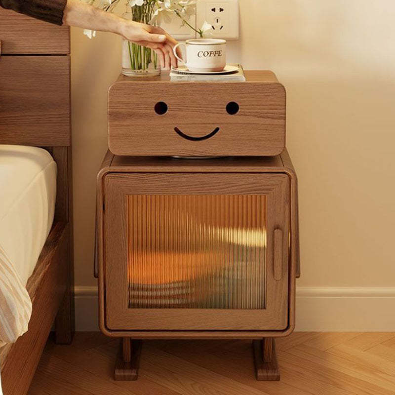 Contemporary Rubberwood Glass Metal Nightstand — Walnut Color