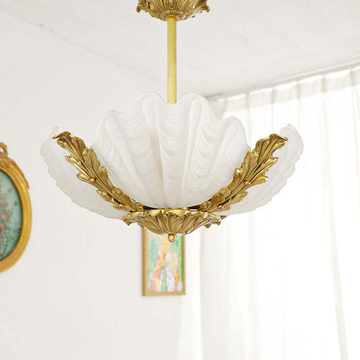 French Shell Brass Glass Chandelier
