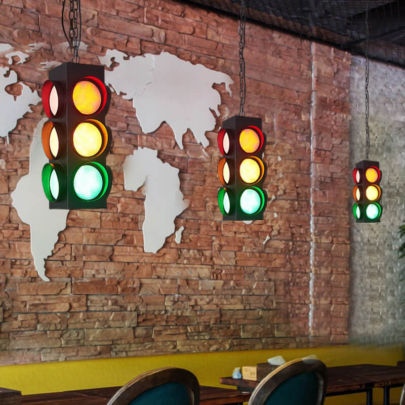 Retro Industrial Traffic Light Iron Glass Pendant