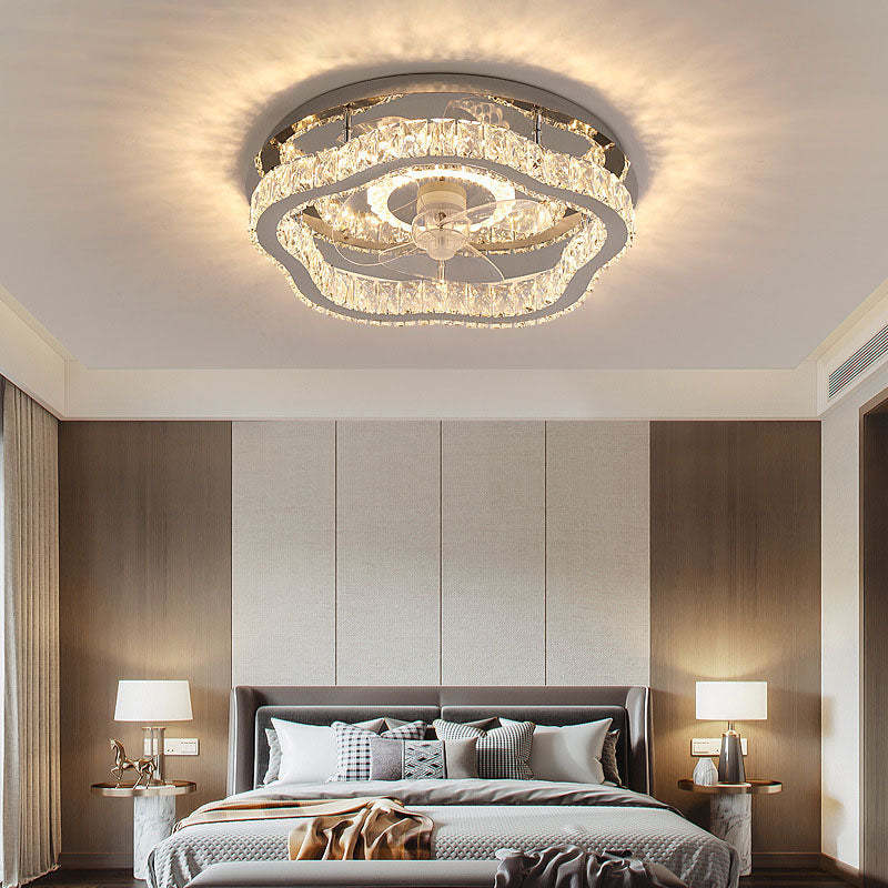 Modern Crystal Stainless Steel LED Flush Mount Fan Light