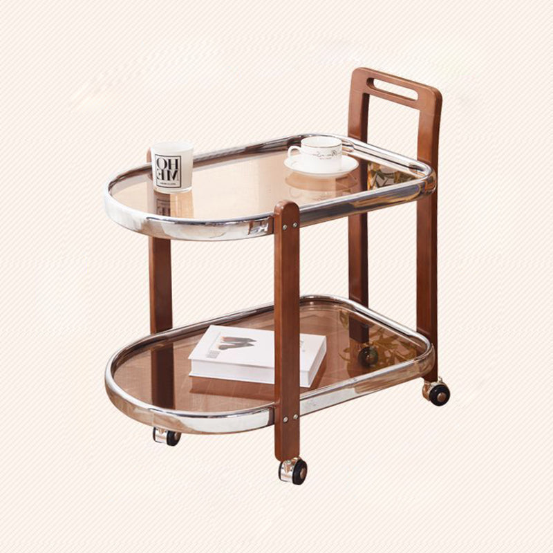 Japanese Oval Wood Steel Glass 2-Tier End Table