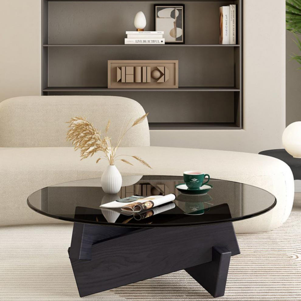 Scandinavian Glass Triangular Wood Coffee Table