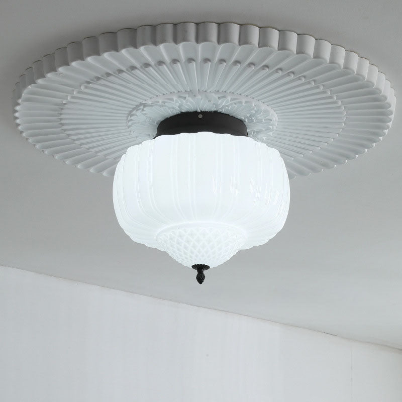 Art Deco Iron Pumpkin Glass 3-Light Flush Ceiling Light