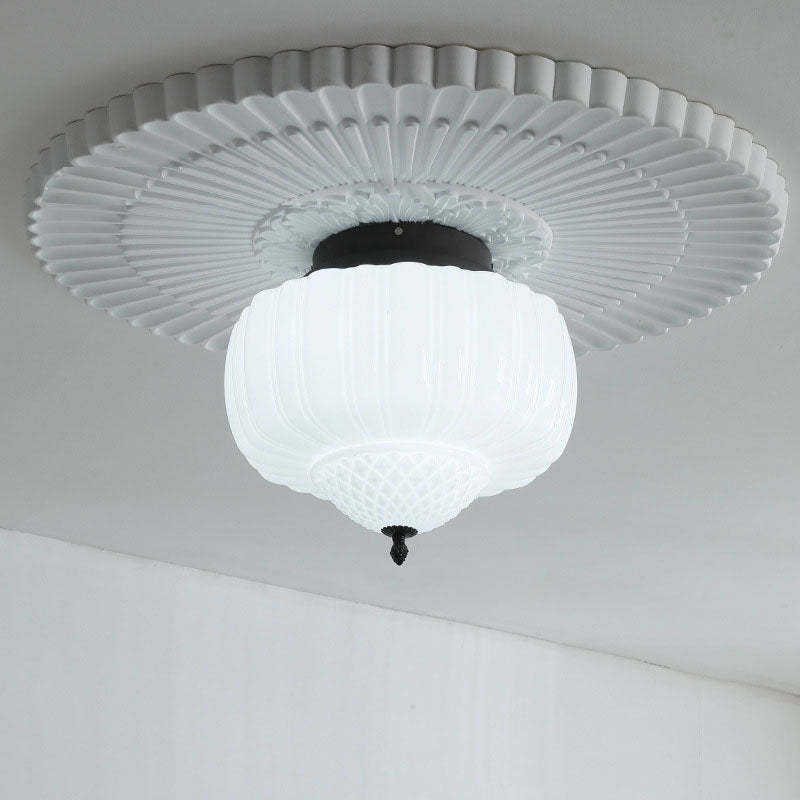 Art Deco Iron Pumpkin Glass 3-Light Flush Ceiling Light