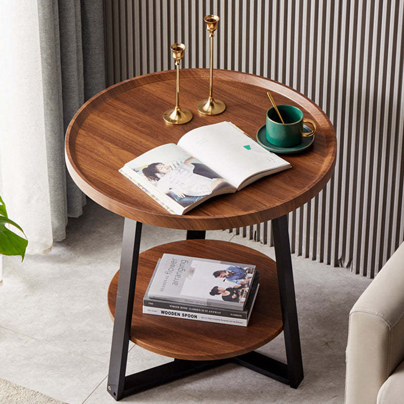 Scandinavian Round Wood Iron 2-Tier End Table