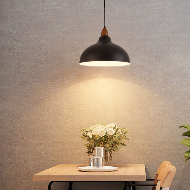 Japanese Iron Dome Wood Top Pendant Light