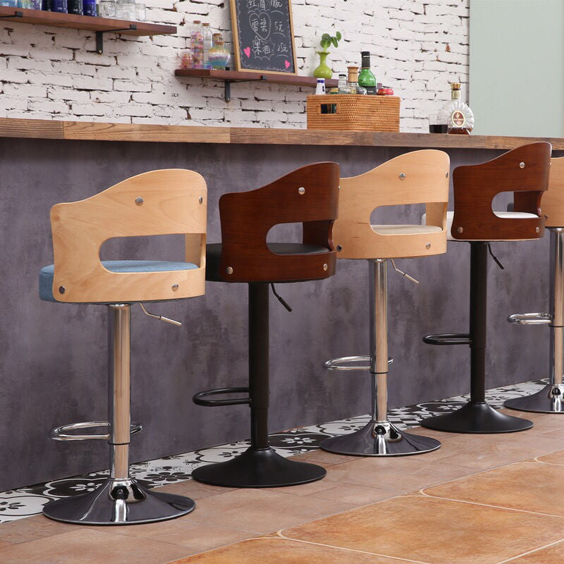 Contemporary Faux Leather Swivel Bar Stool — Log Color Backrest + Khaki Fabric Seat + Silver Base