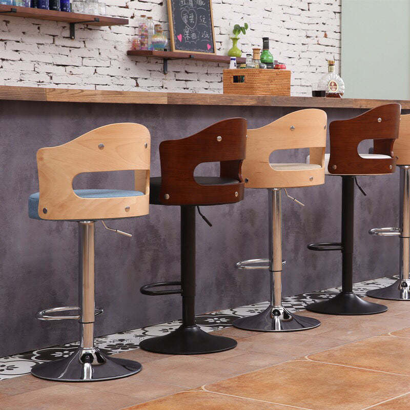 Contemporary Faux Leather Swivel Bar Stool — Log Color Backrest + Khaki Fabric Seat + Silver Base