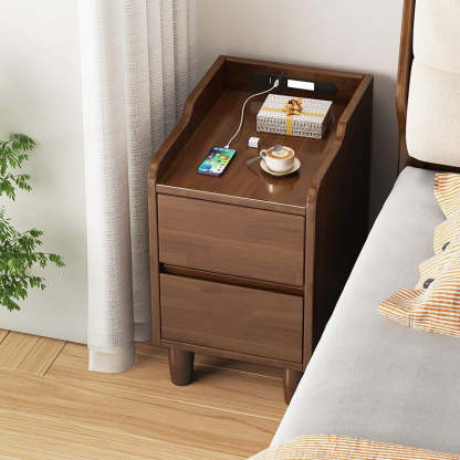 Minimalist Rubber Wood Nightstand 2-Drawer USB Sensor Light