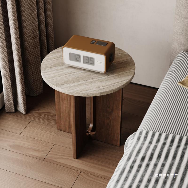Vintage Cross-Base Travertine Wood Round Coffee Table