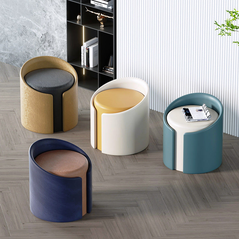 Minimalist Leather Wood Cylinder Footstool — Outside Blue & Inside White