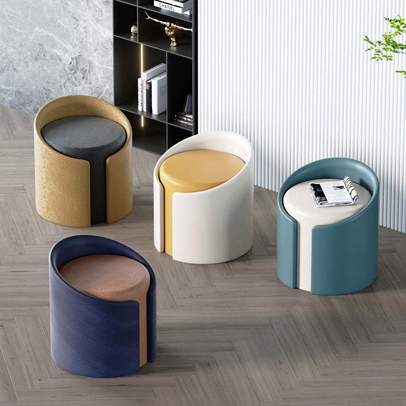 Minimalist Leather Wood Cylinder Footstool — Outside Blue & Inside White