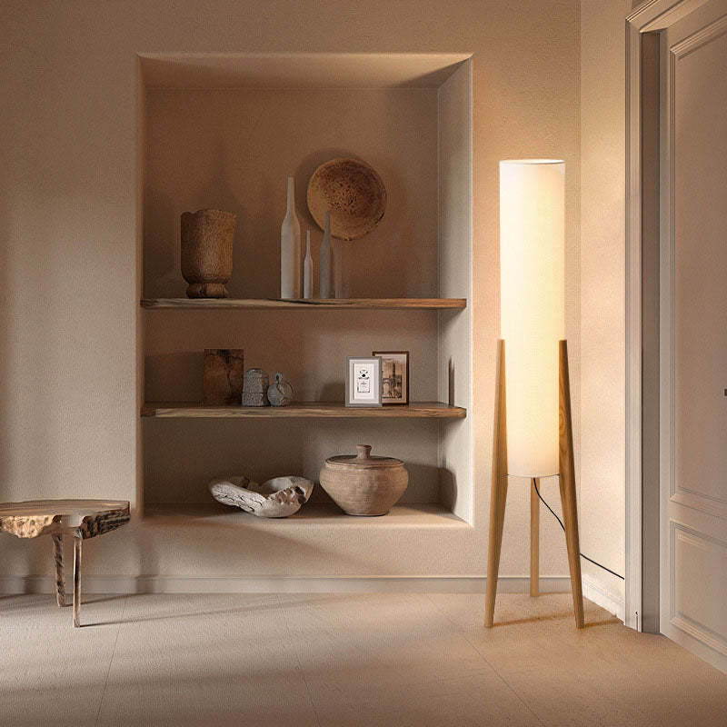 Chinese Fabric Cylinder Wood Tripod Floor Lamp