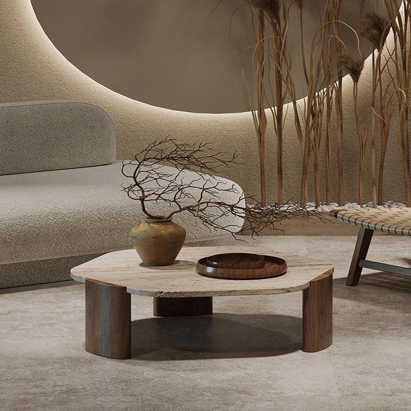 Nordic Hexagon Travertine Wood Coffee Table