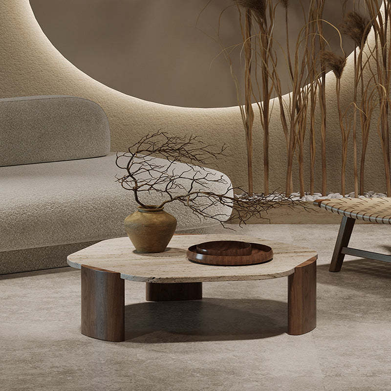 Nordic Hexagon Travertine Wood Coffee Table