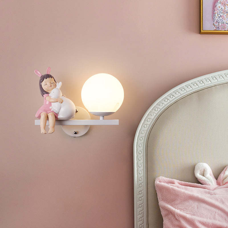Kids Girls Unicorn Orb Resin Iron Glass Wall Sconce — B - Pink / Right / 220V-240V For UK/AU