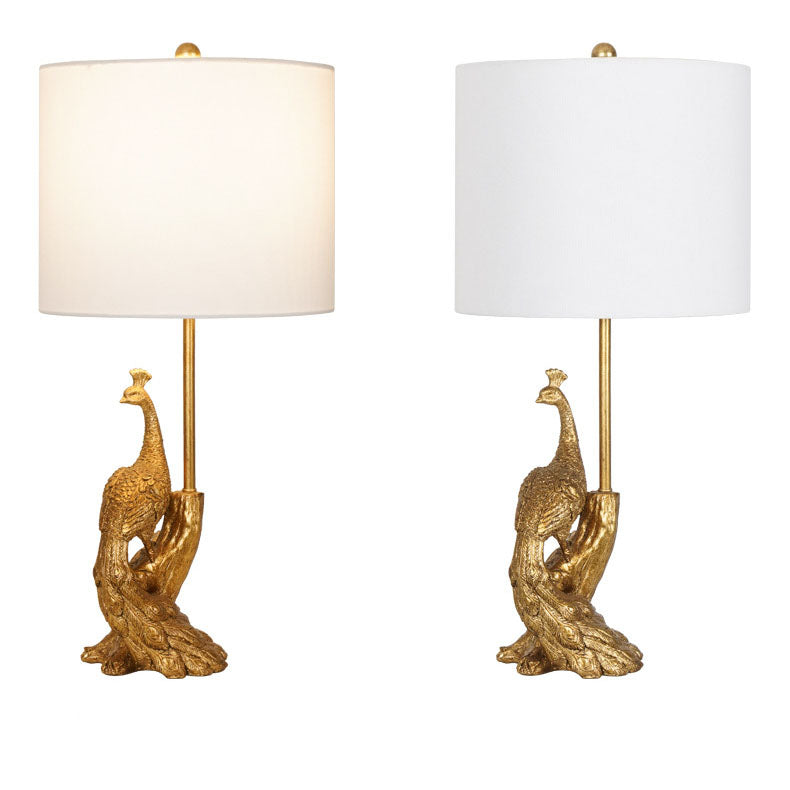 Vintage Cylindrical Peacock Resin Gold Fabric Lamp