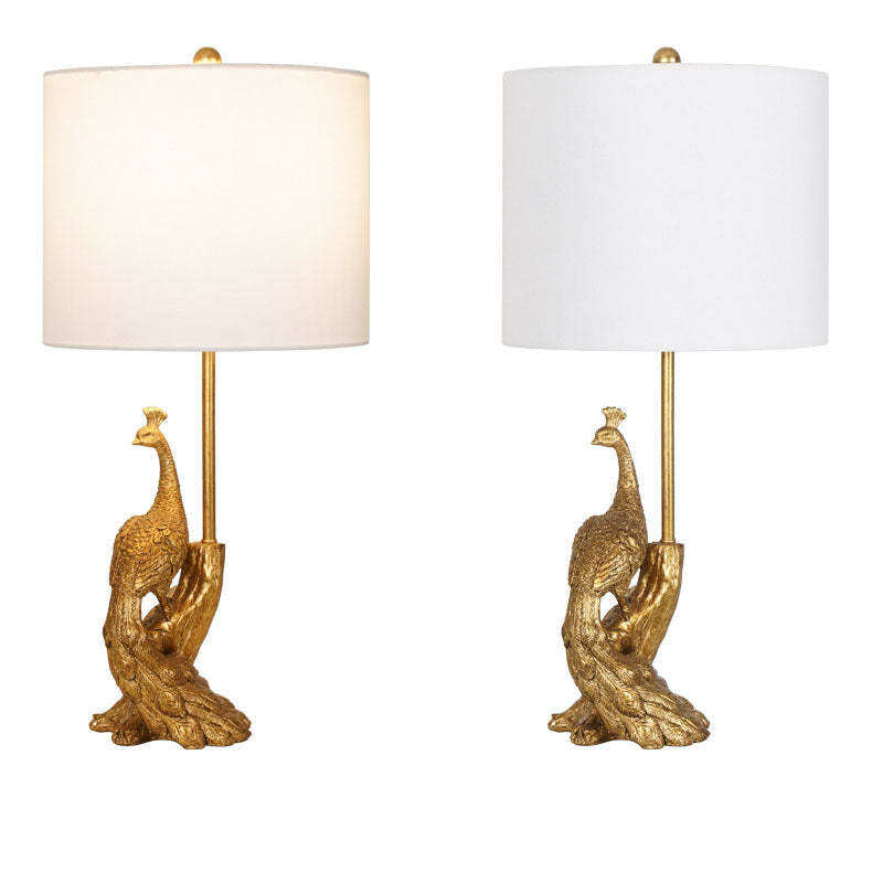 Vintage Cylindrical Peacock Resin Gold Fabric Lamp