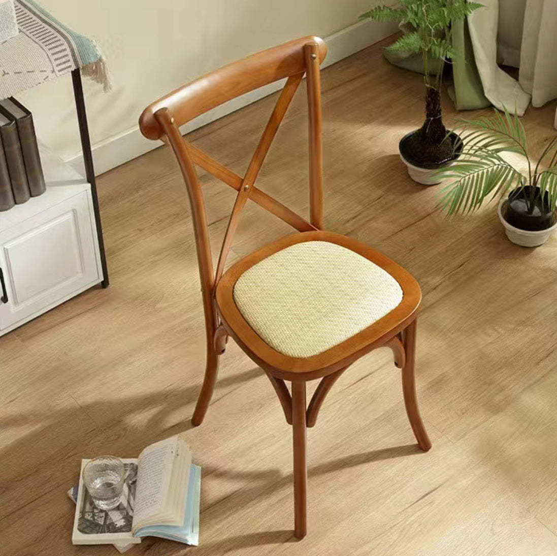 Vintage Wood Rattan Cross-Back Dining Chair