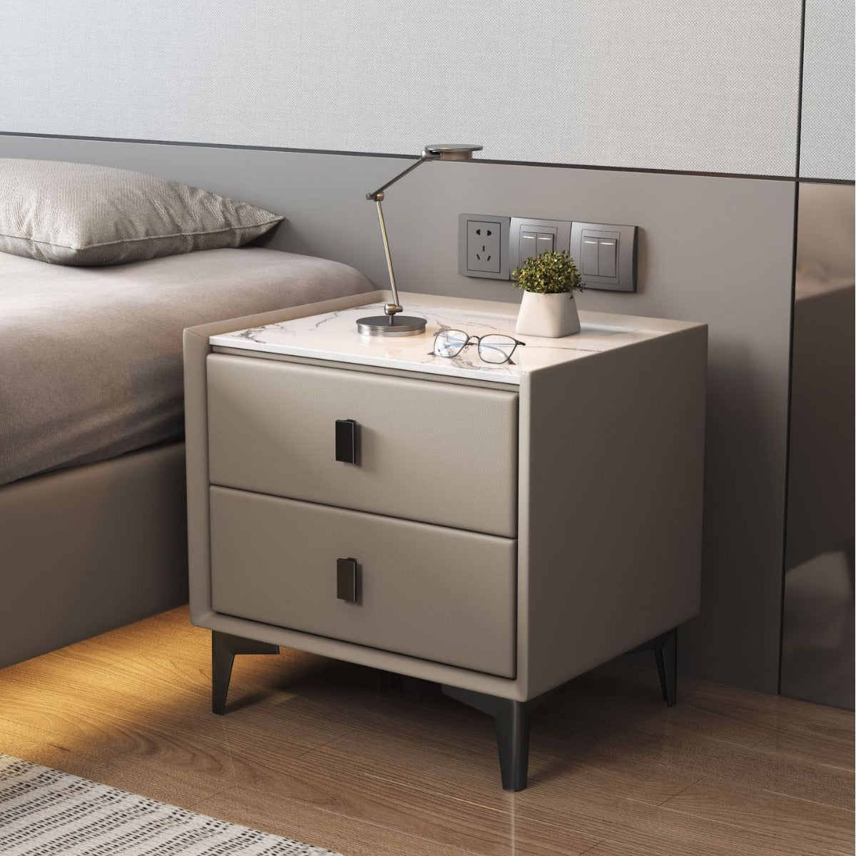 Modern Cubic Sintered Stone Solid Wood Nightstand — Light Gray